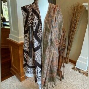 Two medium weight brown green fall winter neck shoulder scarves long burn out